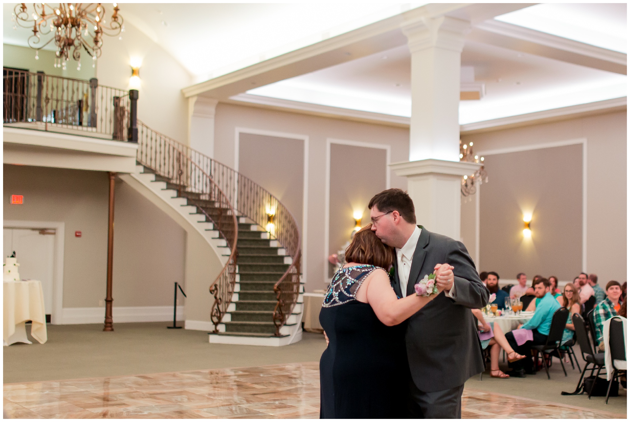 groom and mother of groom dance during wedding reception at Bel Air Events Kokomo