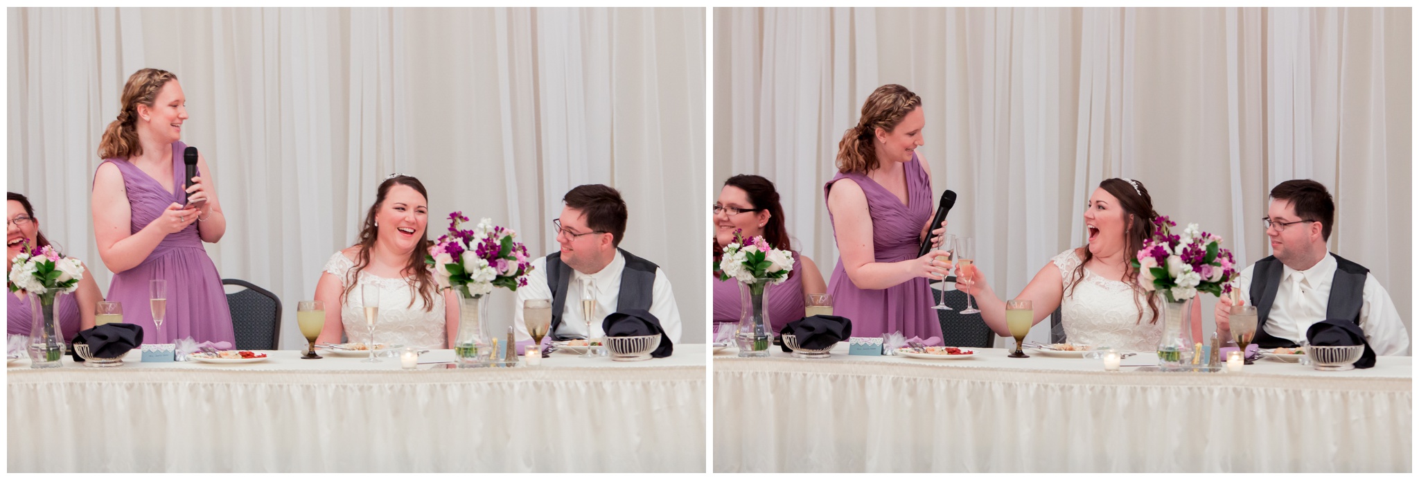 maid of honor gives toast during wedding reception at Bel Air Events Kokomo