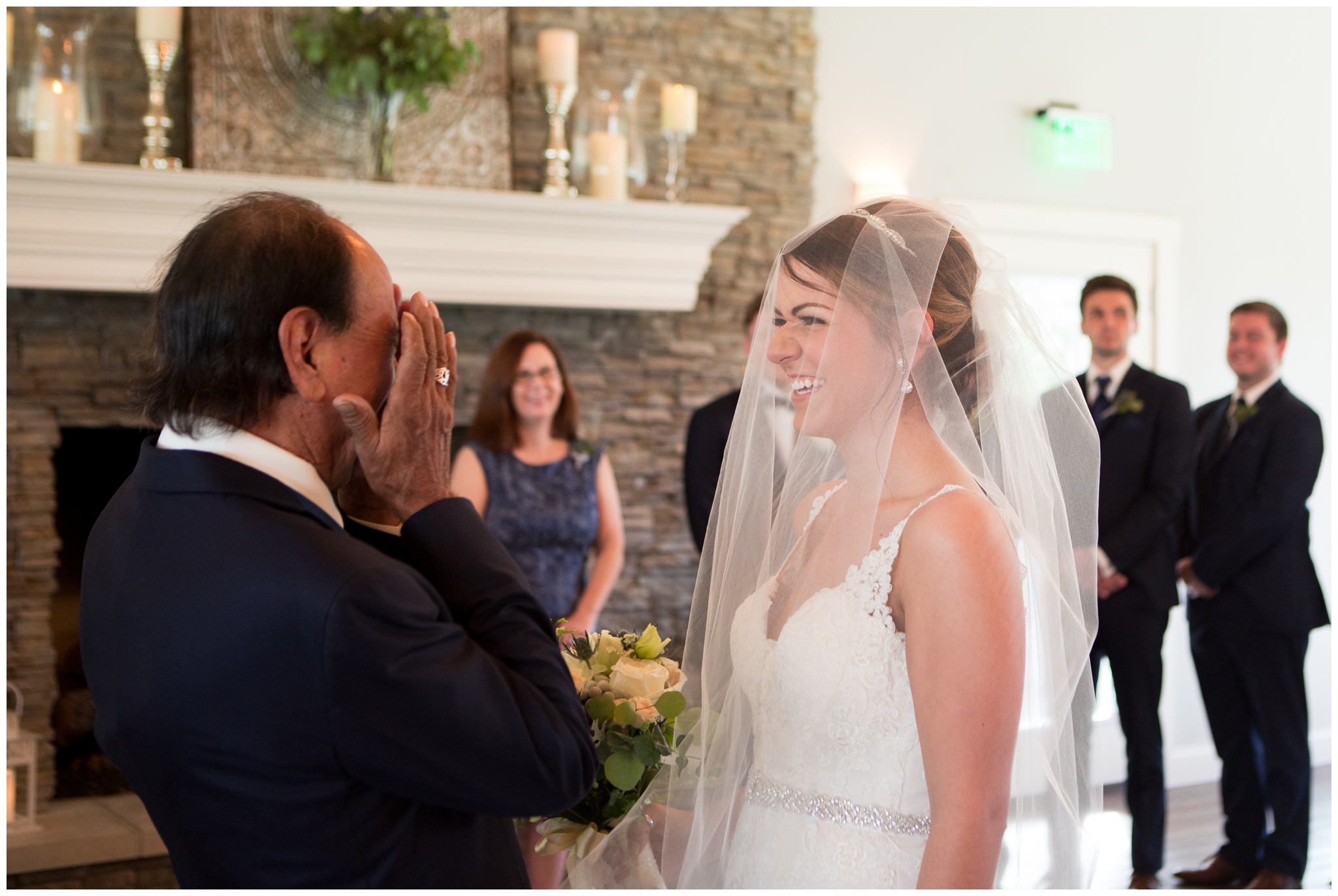 bride exchanges laughter with father during wedding at the Lodge at River Valley Farm in Yorktown Indiana