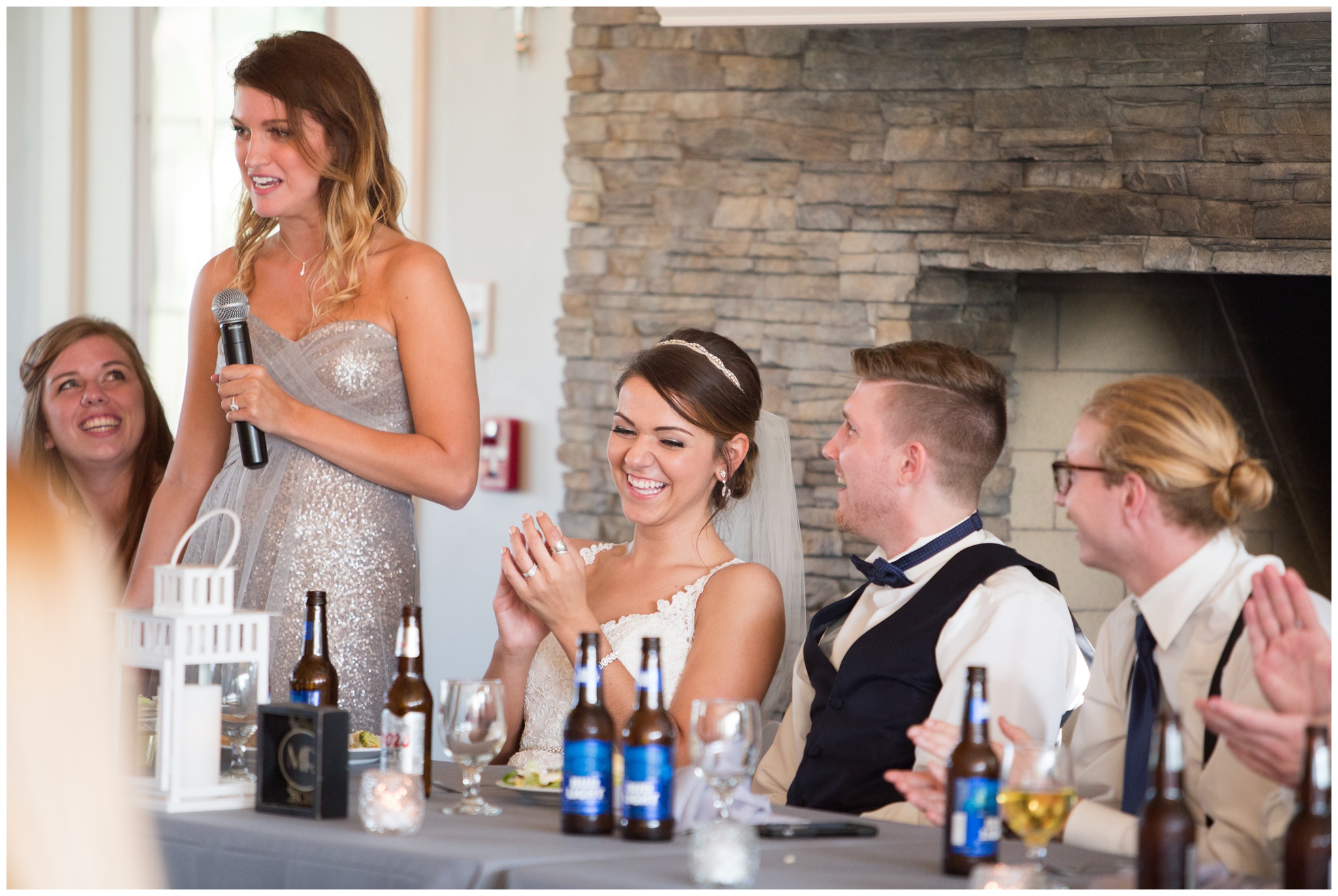 maid of honor giving speech during reception at the Lodge at River Valley Farm in Yorktown Indiana