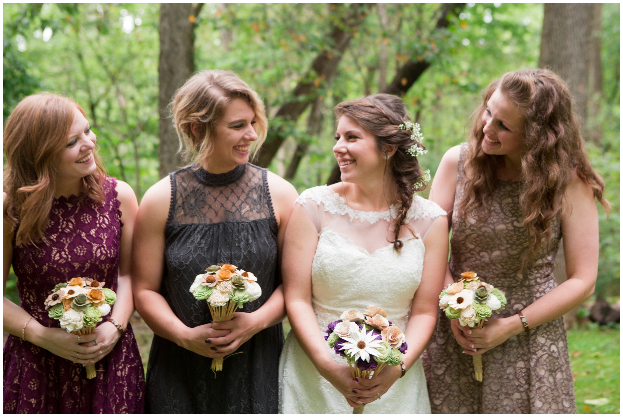 bride with bridesmaids at Historic Meeting House at New Garden in Fountain City Indiana