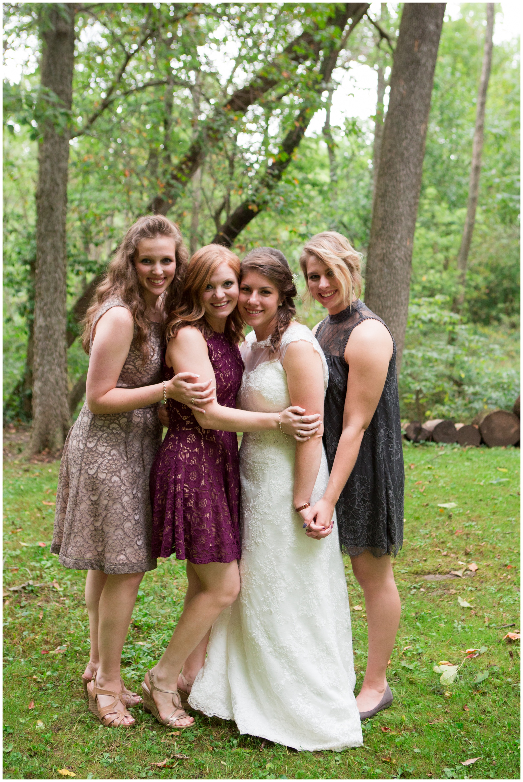 bride and bridesmaids portraits at Historic Meeting House at New Garden in Fountain City Indiana