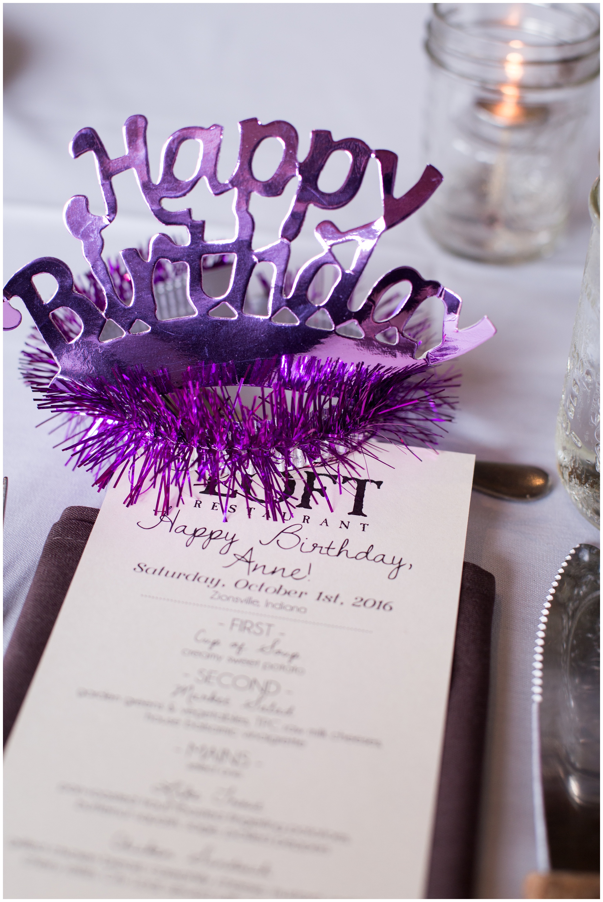 birthday tiara and menu at surprise party at Traders Point Creamery in Zionsville Indiana