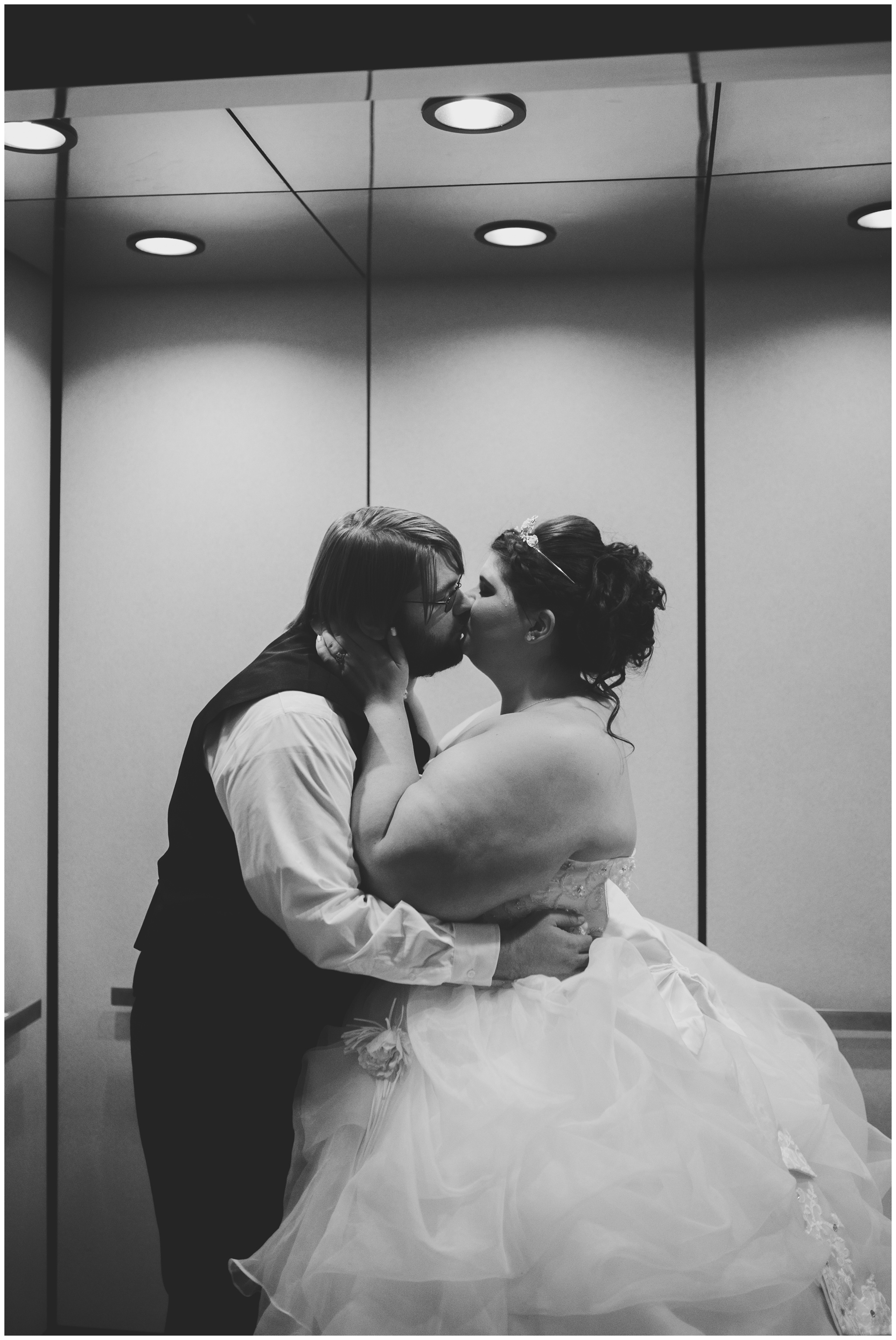 bride and groom in elevator at Community Life Center in Indianapolis Indiana