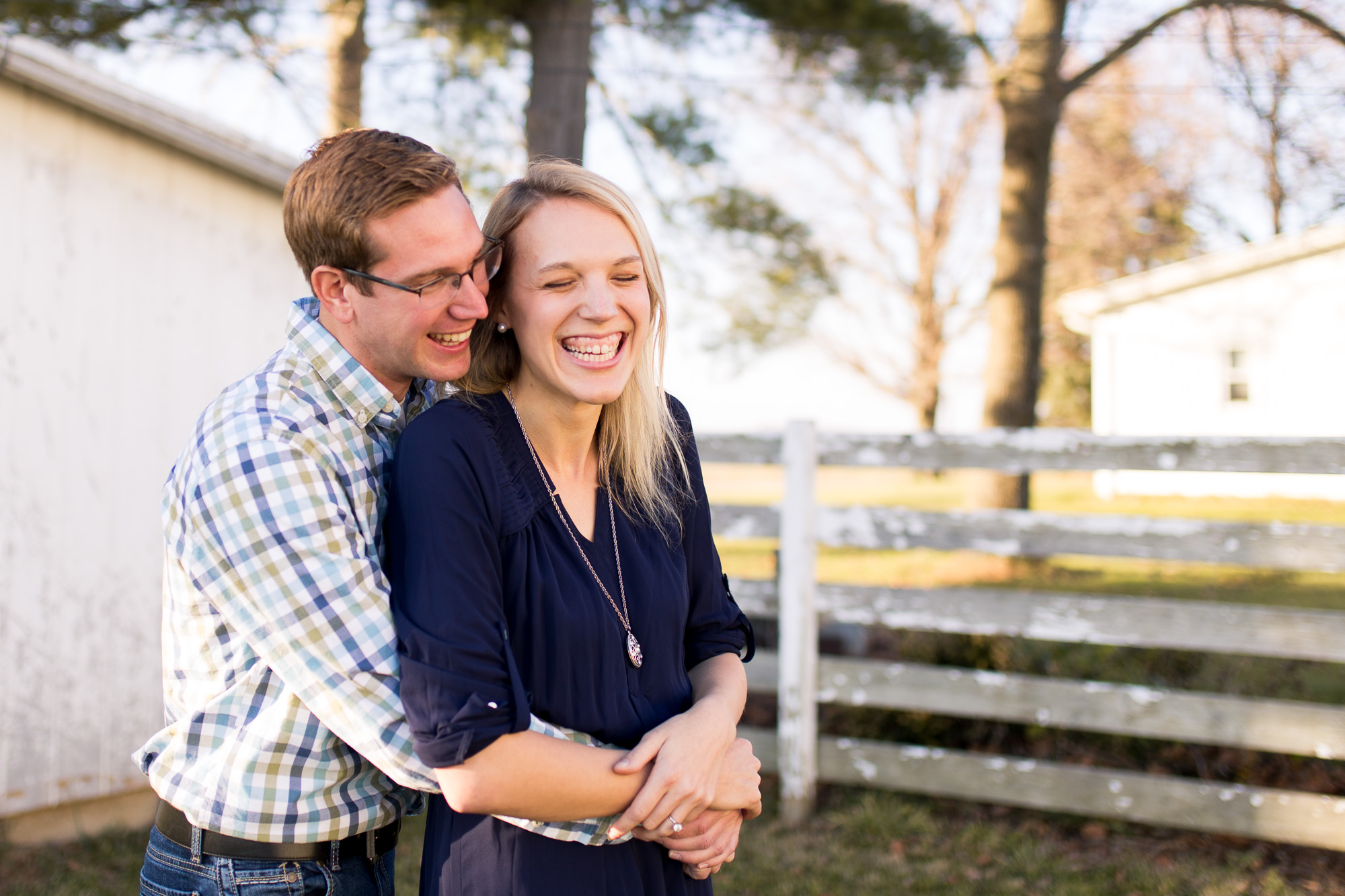 bride and groom laughing during Eaton Indiana engagement session