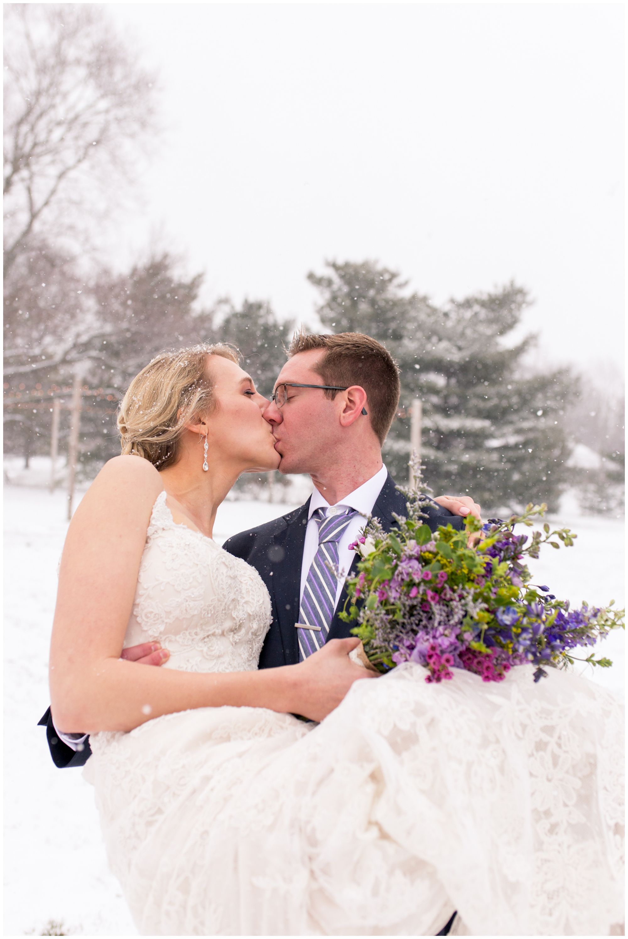 bride and groom snow wedding photos at Mustard Seed Gardens in Noblesville Indiana