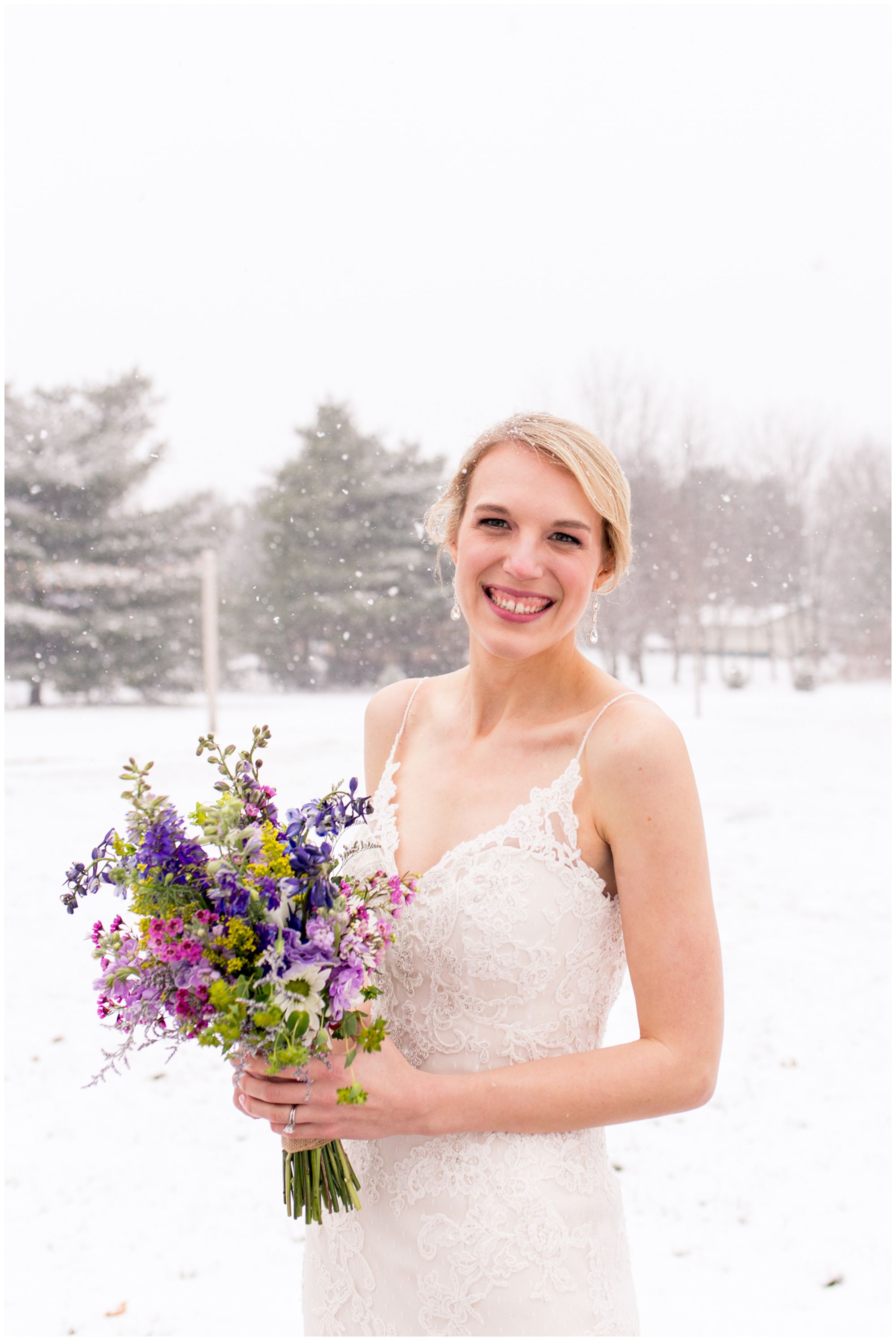 bride and groom snow wedding photos at Mustard Seed Gardens in Noblesville Indiana