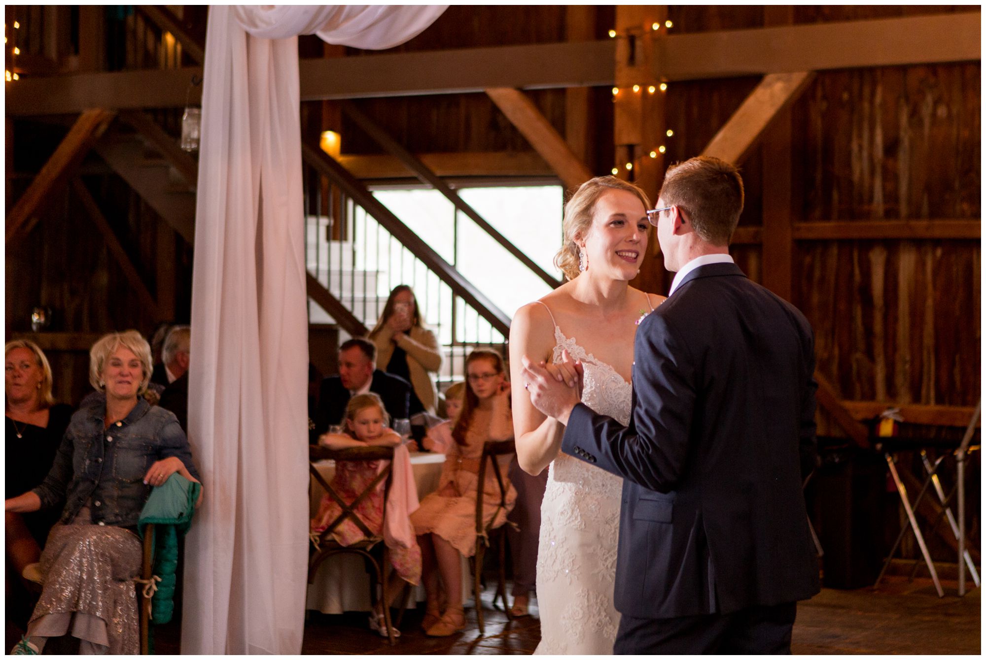 bride and groom first dance during wedding reception at Mustard Seed Gardens