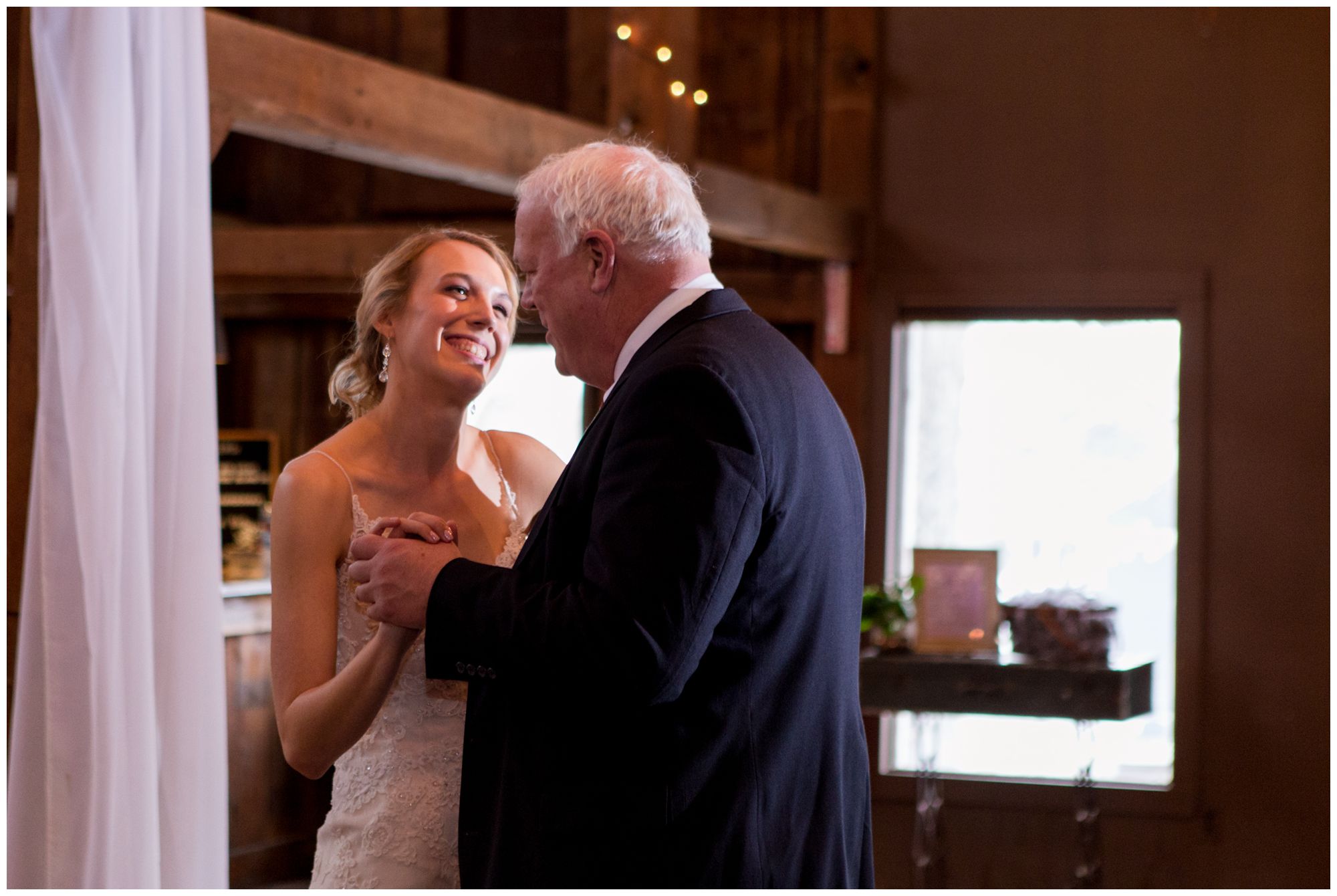 bride and father dance during wedding reception at Mustard Seed Gardens in Noblesville Indiana