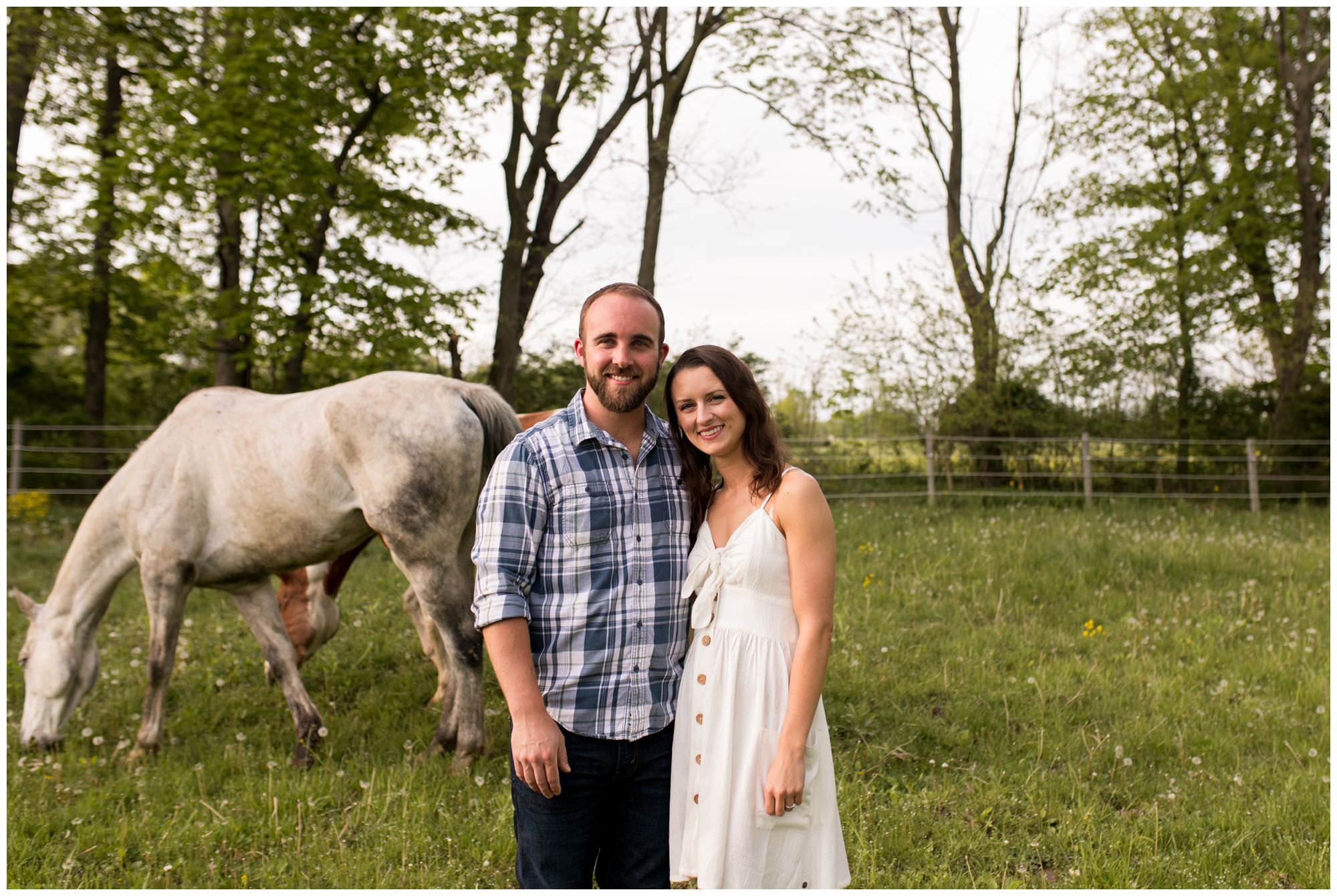 bride and groom stand in front of horses in pasture during Indianapolis engagement session