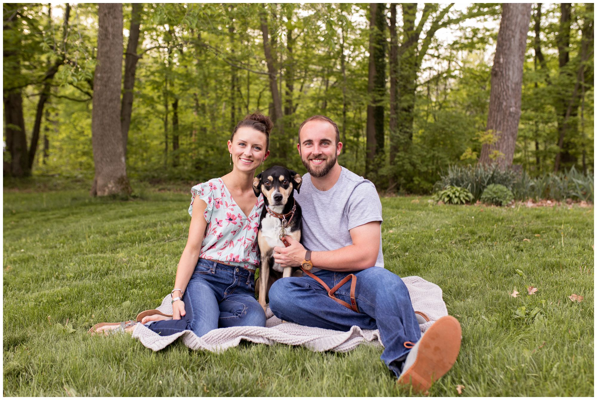 bride and groom with dog during Indianapolis engagement session