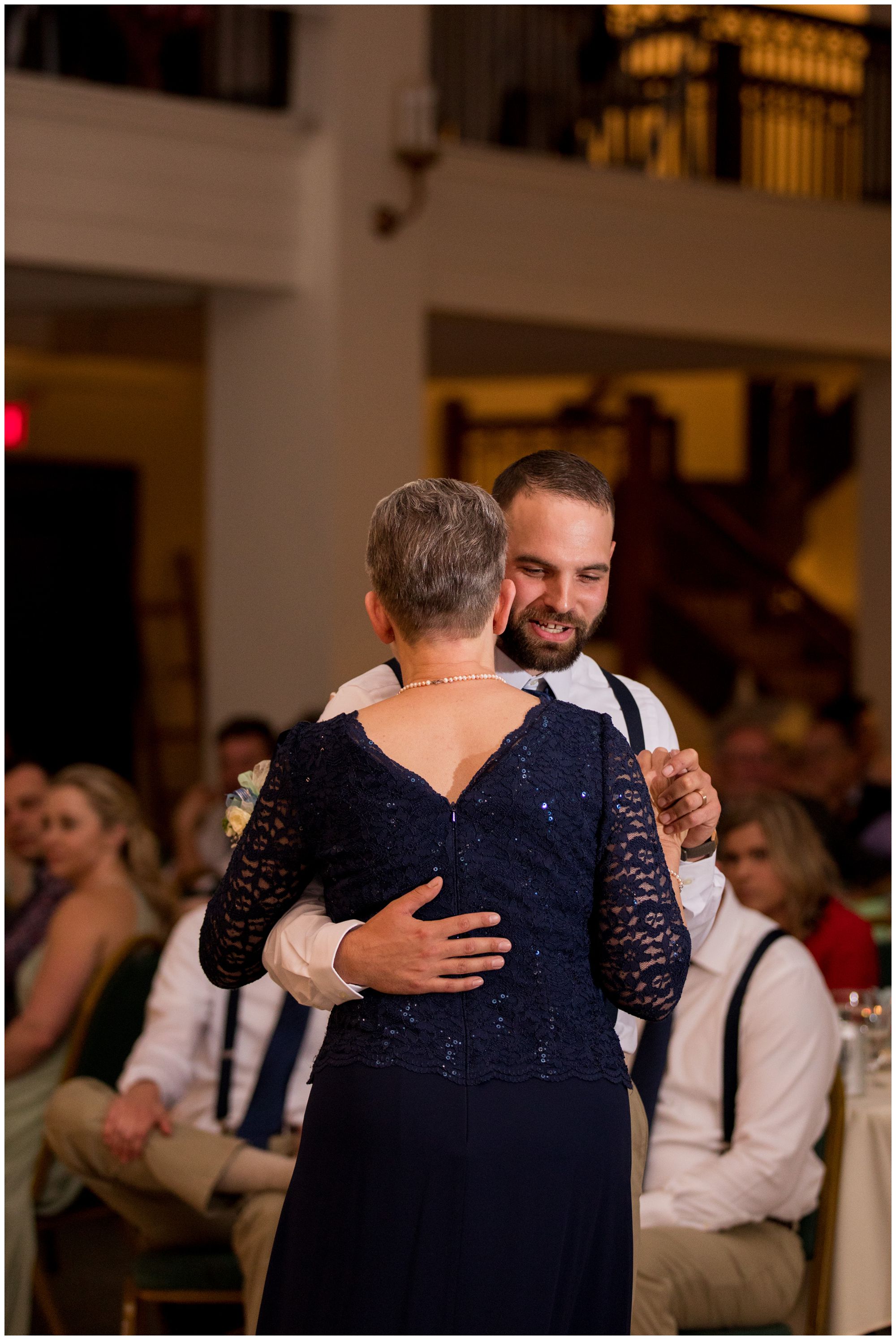 groom and mom dance together at Cornerstone Center for the Arts Muncie Indiana wedding reception