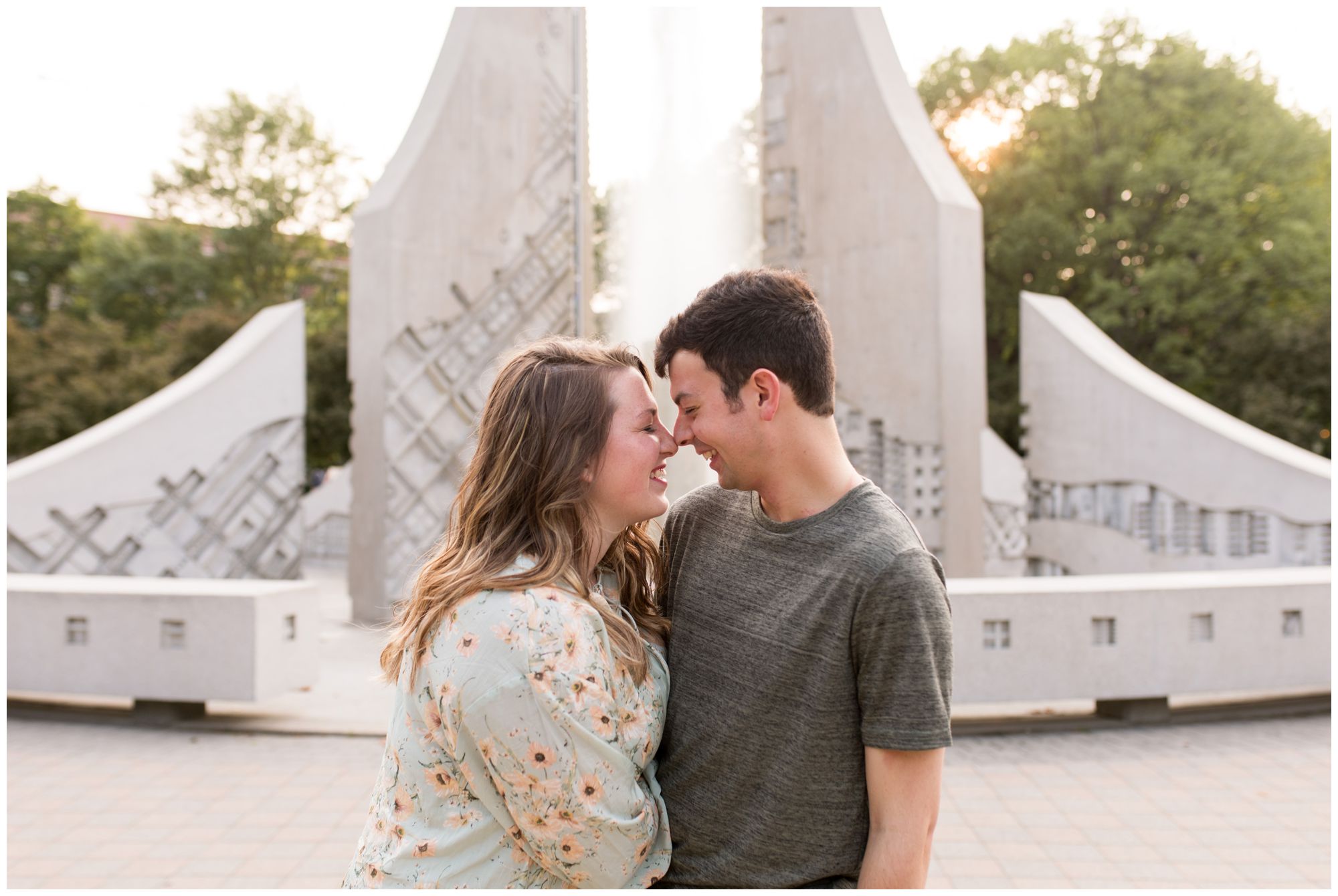 bride and groom at Engineering Fountain at Purdue University in West Lafayette, Indiana