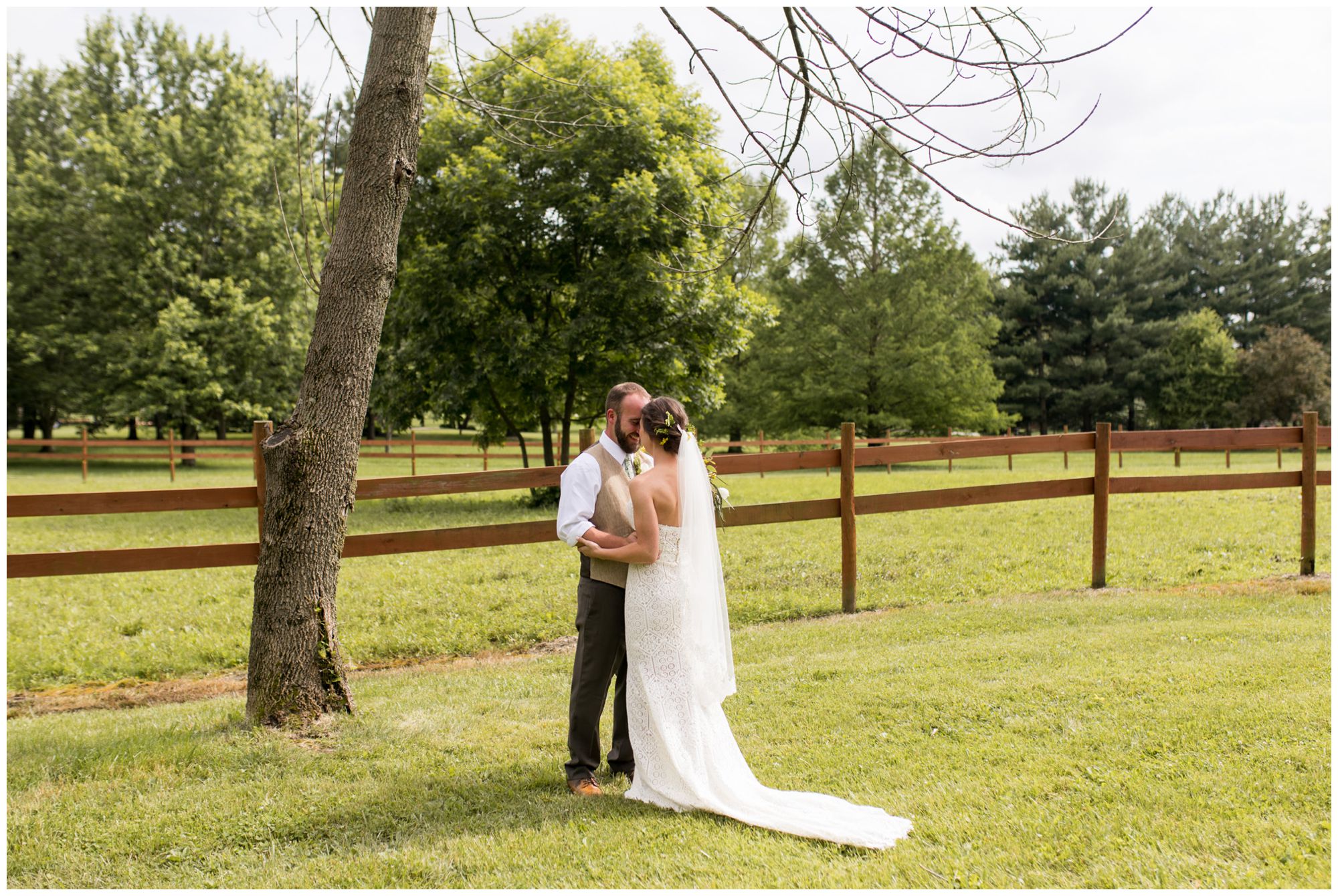 bride and groom first look before rustic Indianapolis backyard wedding ceremony