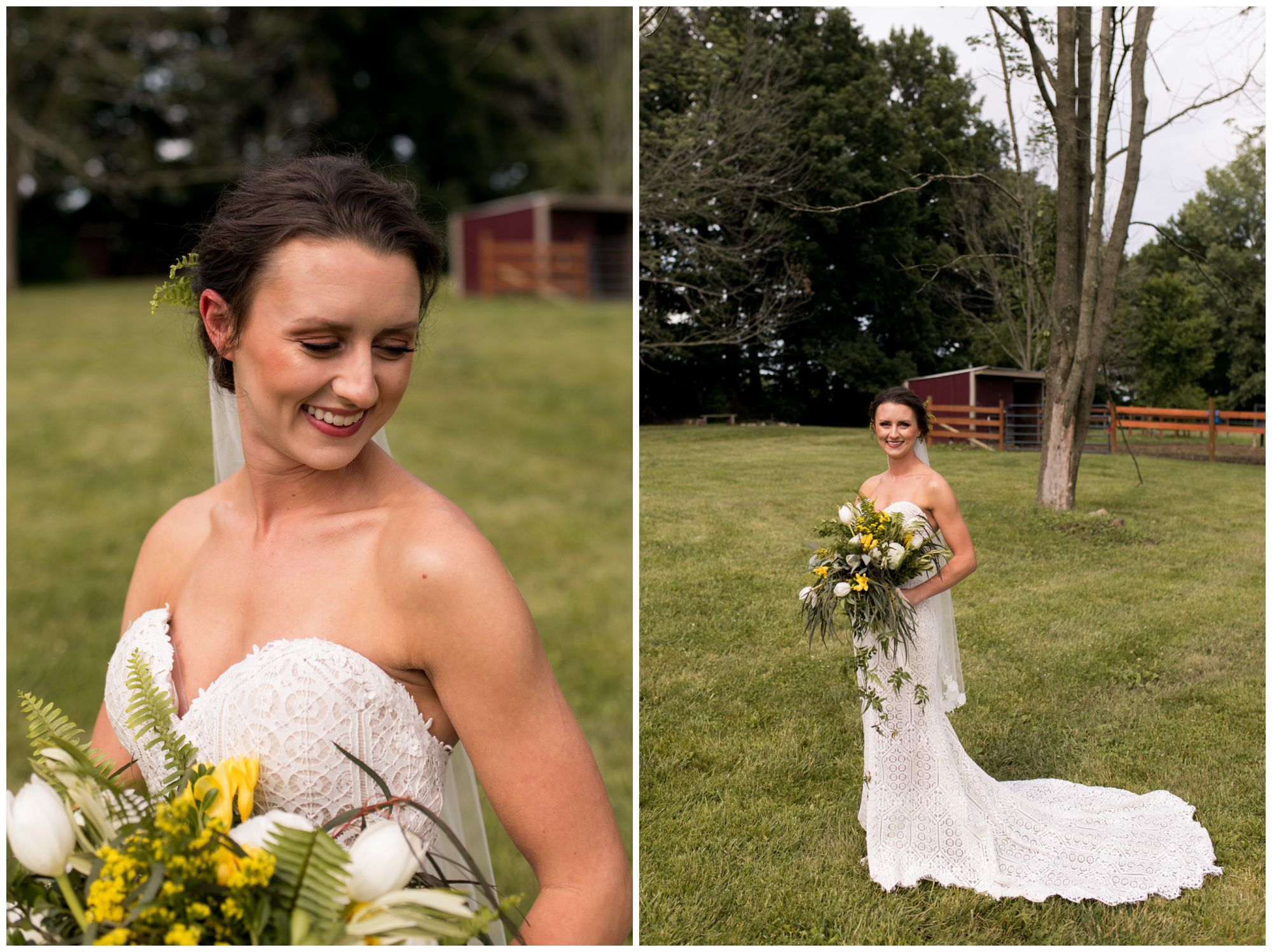 Indianapolis backyard wedding bride with yellow and green bouquet from Jen's Stems in Bloomington Indiana