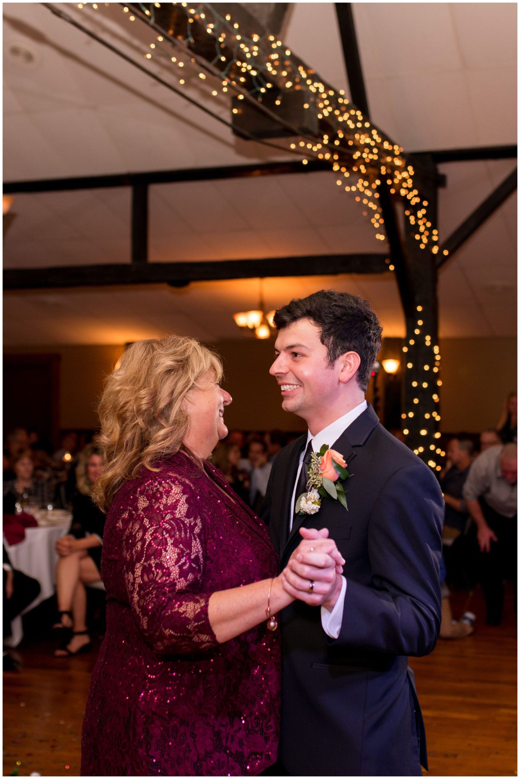 groom dances with mom during Goeglein Homestead wedding reception