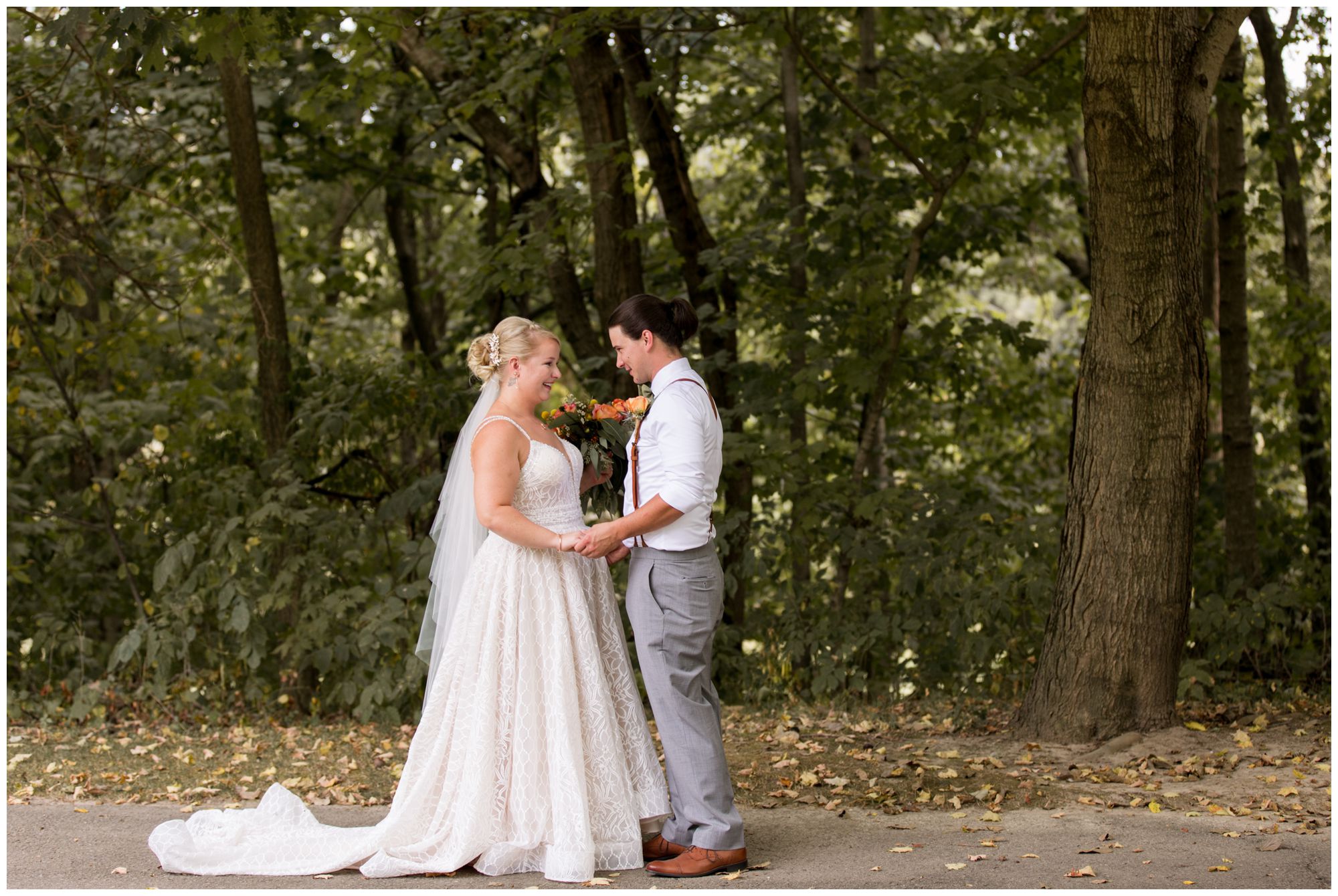 bride and groom first look at Forest Park Inn in Noblesville