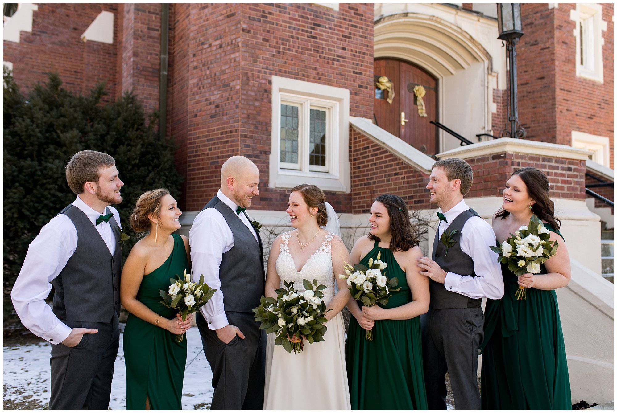 bride and bridesmaids outside of Irvington United Methodist Church in Indianapolis