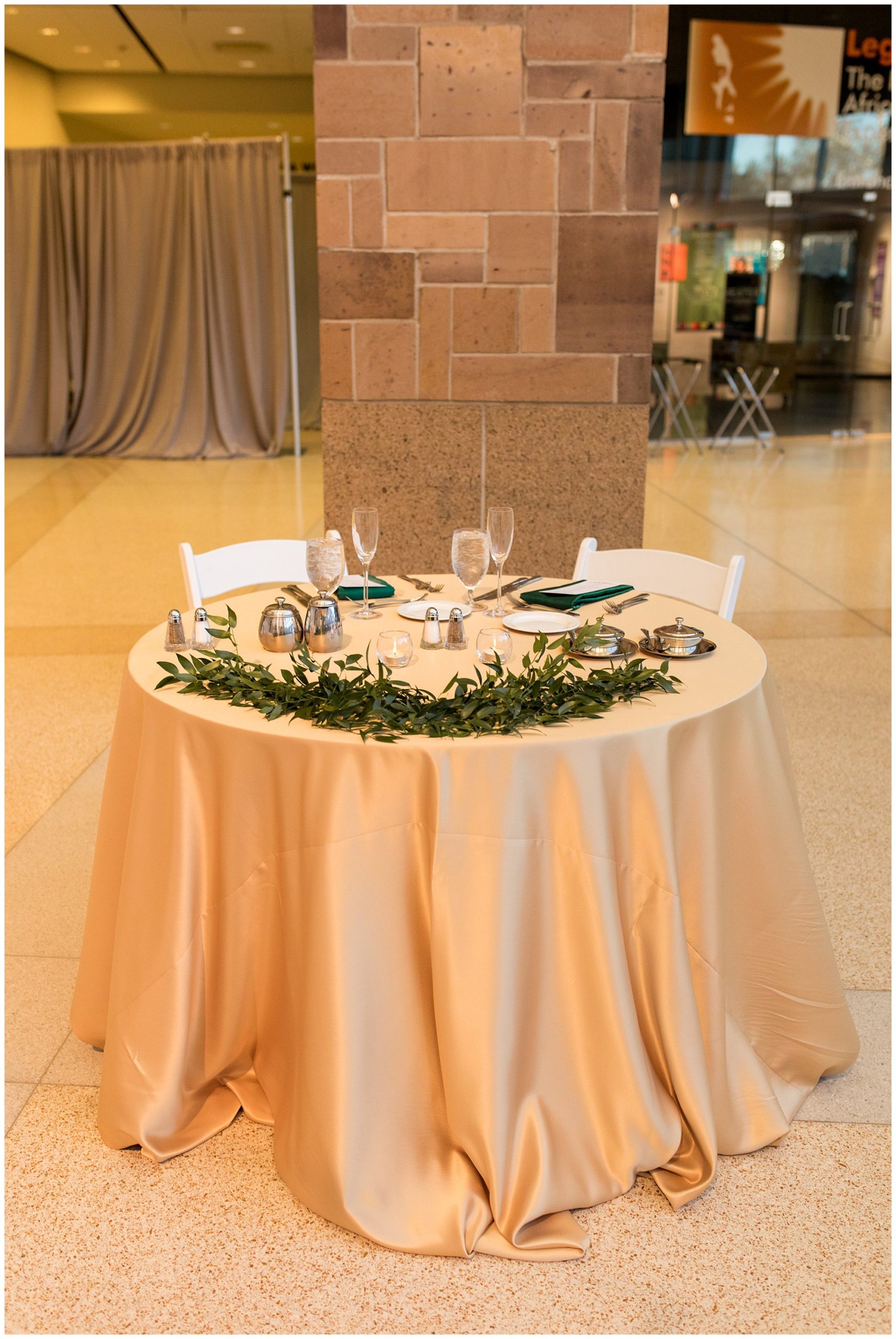 wedding reception sweetheart table for bride and groom at Indiana State Museum
