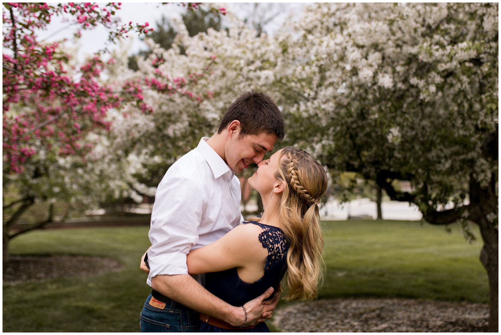 bride and groom look into each other's eyes during Purdue University engagement session