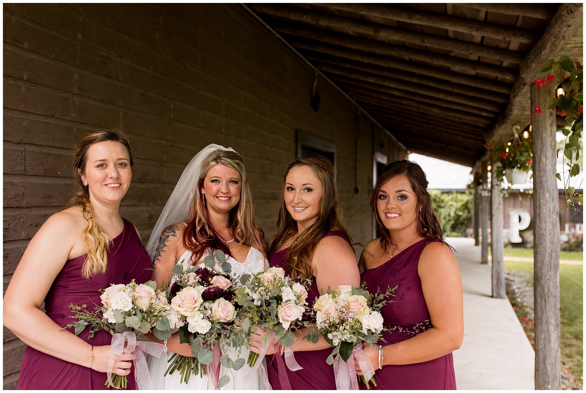 bride and bridesmaids before wedding ceremony at The Old Mill Village in Fremont Indiana