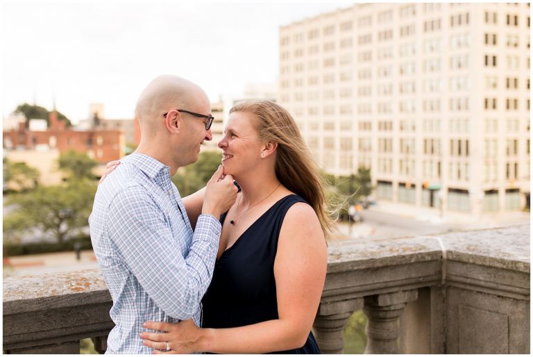 engagement session at top of Indiana War Memorial in Indianapolis