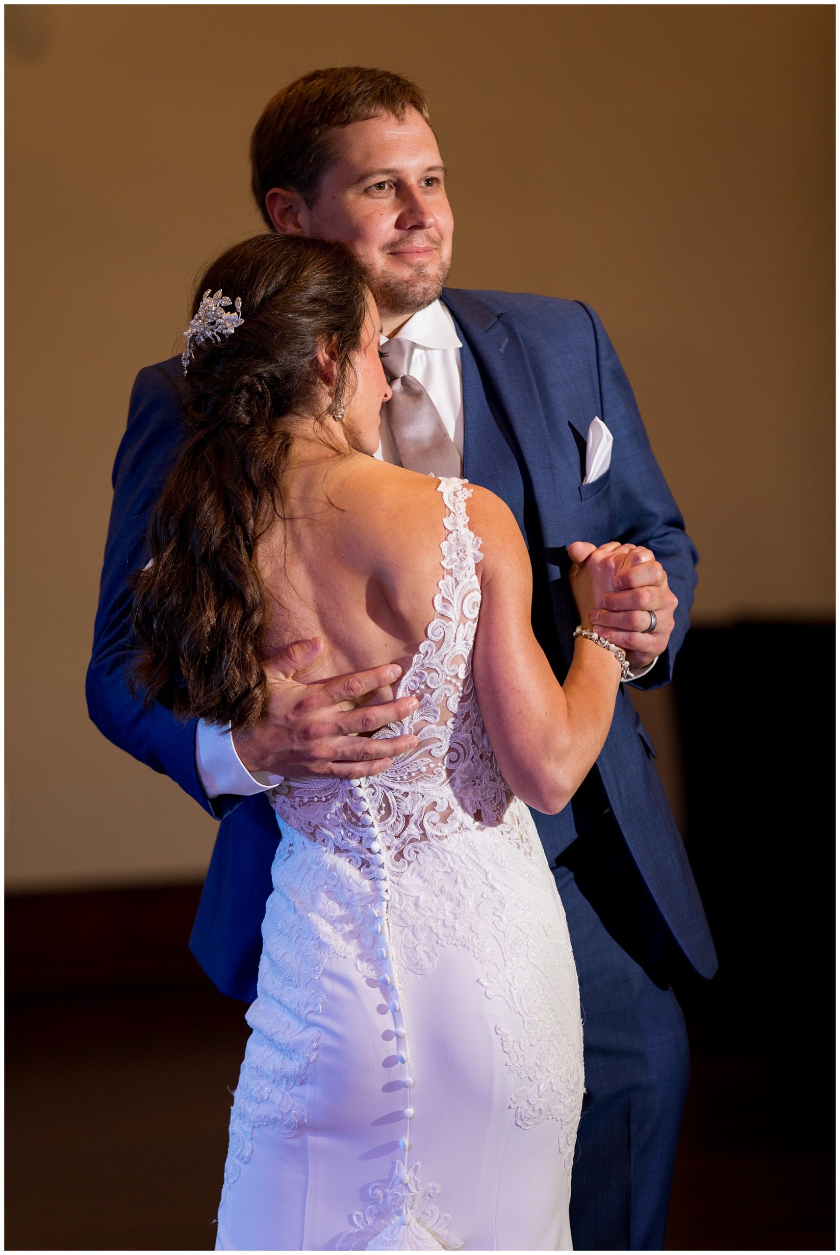 bride and groom first dance in Parkview Ballroom at Eagles Theatre wedding reception