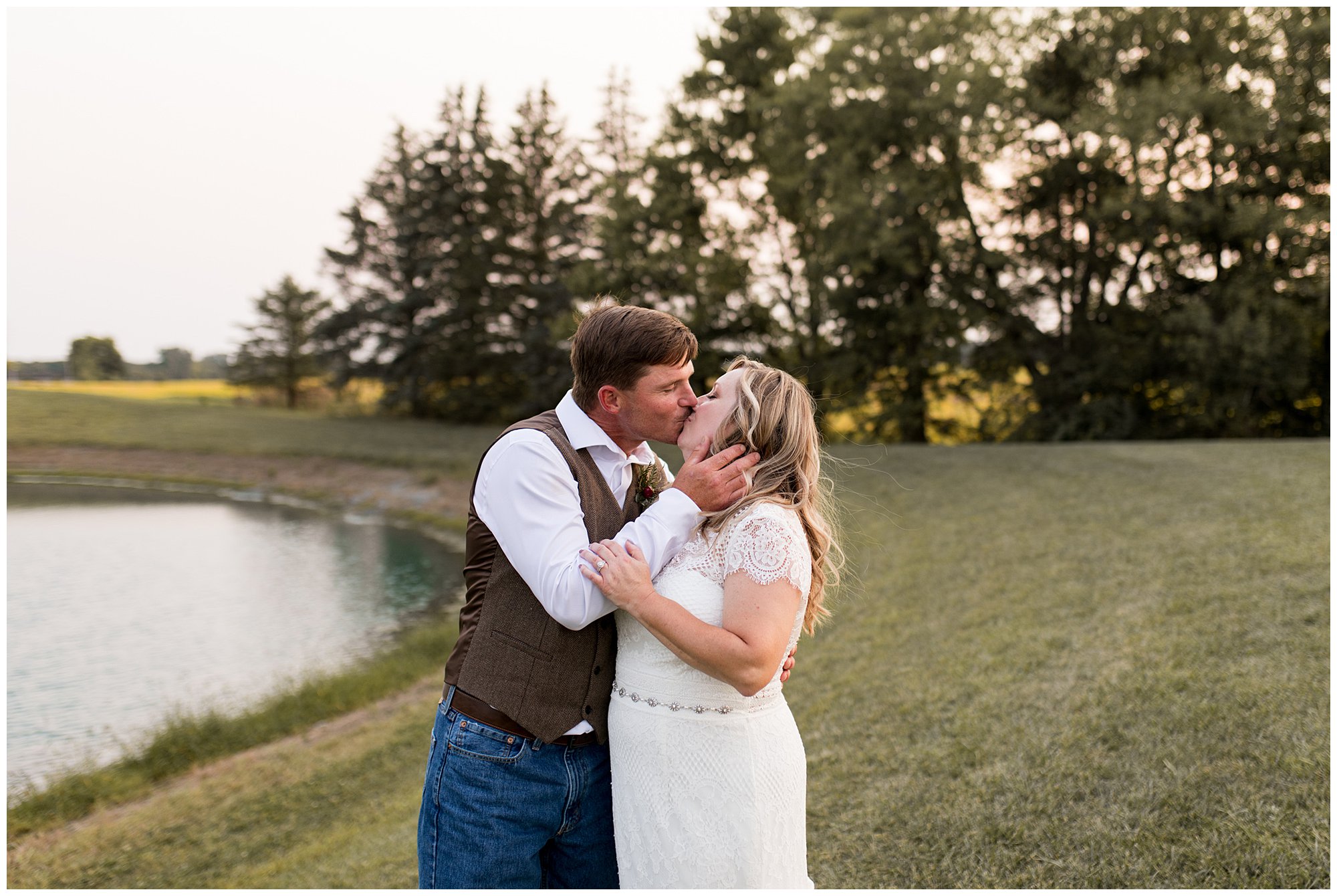 bride and groom kissing after wedding at Barn on Boundary in Eaton, Indiana