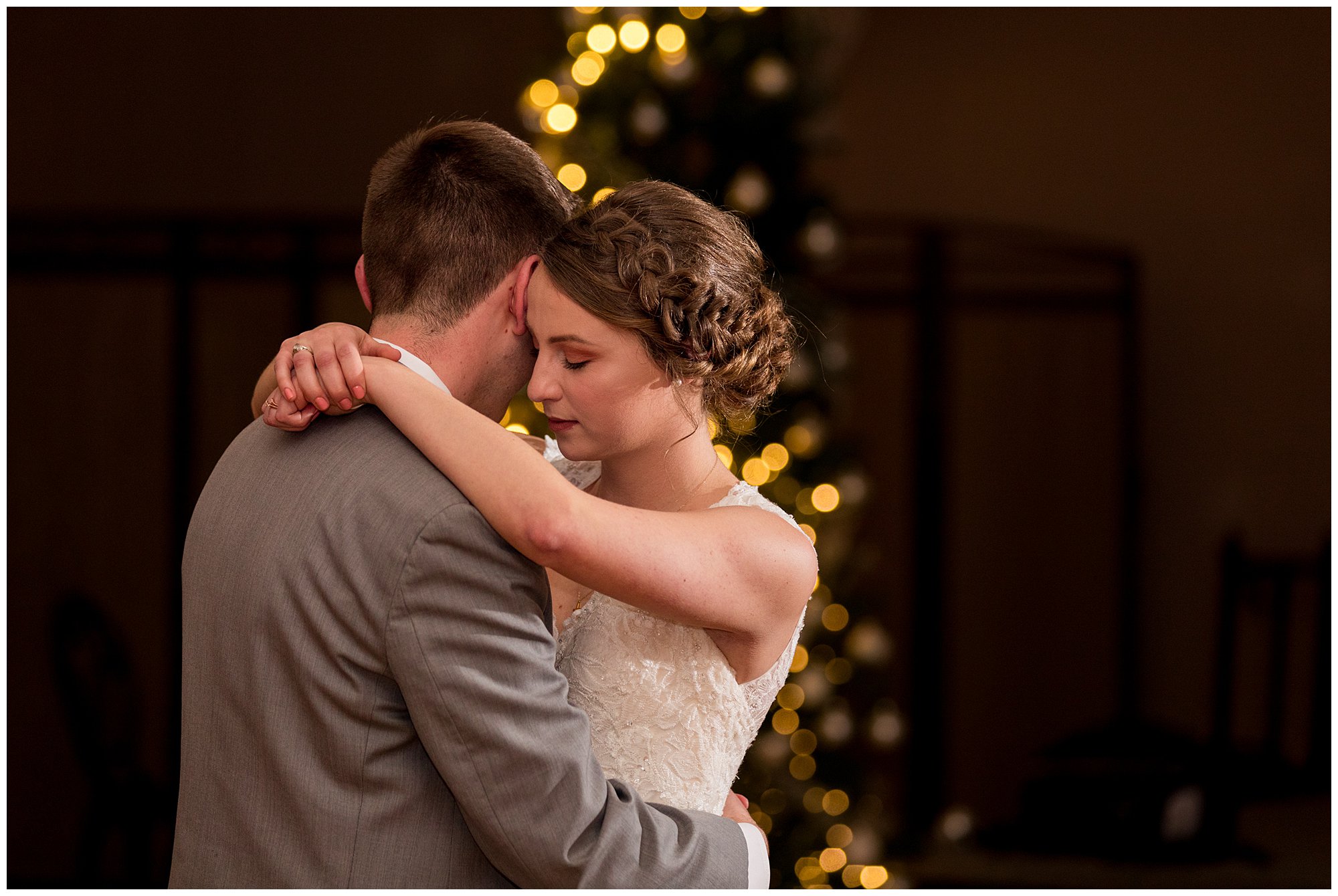 bride and groom dance during Lighted Gardens wedding reception