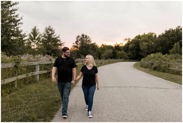 sunset engagement photos at Cool Creek Park in Carmel